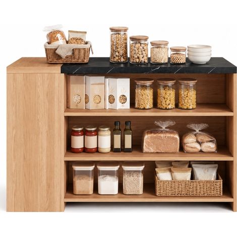 Isla de Cocina para 2 Personas con 5 Estantes y Cajón Oculto, de MDF, 140 x 60 x 90 cm, Negro y Roble (1/5)