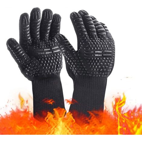 Guantes negros resistentes al calor y al fuego, ideales para barbacoas al aire libre, hornos y microondas, y para manipular utensilios de cocina. Color negro, 33 cm de largo (un par de guantes). (1/5)