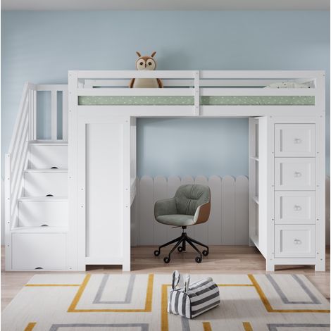 Letto a soppalco moderno per bambini 90x200 cm, legno massello e MDF bianco, con scrivania, 6 cassetti e scaffali (1/5)