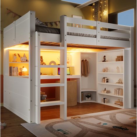 Cama alta de madera de pino blanca 140x200 cm con LED, escritorio, armario, cajones y almacenaje (1/5)