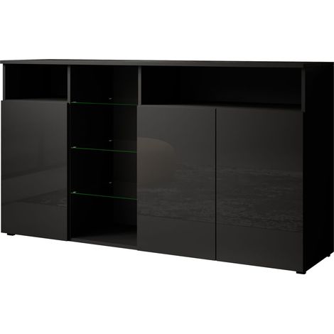 Aparador de salon 3 puertas con LED Aparador de cocina Mueble de salon Recibidor 150x82x40cm Modelo Clark L Negro brillo (1/5)