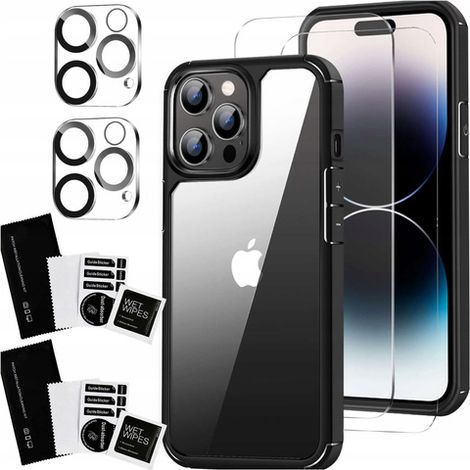 Custodia per iPhone 15 Pro Max + 2 pellicole protettive in vetro per lo schermo e 2 lenti rinforzate Alogy 360 Hybrid Set 5 in 1 nero e trasparente (1/5)