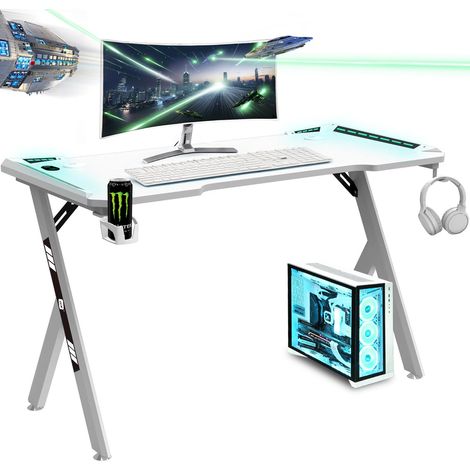 Bureau Gaming LED Ergonomique (120X60cm) - Porte-gobelets et Bouteilles, Support pour Casque, Gestion des Câbles, Bureau de Jeu, Plateau 1.5cm Poids Maximum Supporté 100kg - Blanc (1/5)