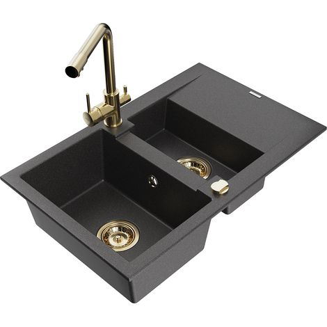 Mexen Gaspar 1,5-Becken-Granitspüle mit Abtropffläche und Mischbatterie Duero, Schwarz gesprenkelt - (1/5)