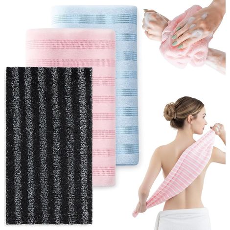 Set di 3 asciugamani antibatterici per la doccia - Asciugamani da bagno - Asciugamani esfolianti - Asciugamani lunghi da bagno - 25 x 100 cm - nero + rosa + blu (1/5)