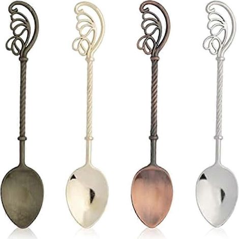 Ensemble de 4 mini cuillères à dessert rétro pour café, thé, glace et dessert, 11 cm de long, motif plumes. (1/5)