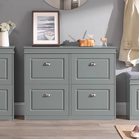 Meuble chaussures gris – 8 étagères – 4 portes – 105x82x24 cm – Rangement couloir – Moderne (1/4)