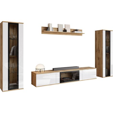 Conjunto de salón Torcame 103, Roble wotan + Blanco brillante
