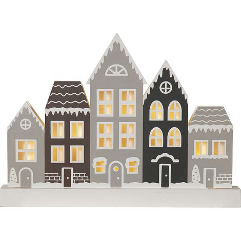 LED Fensterleuchte ,Villa' in Grautönen, Lichthäuser aus Holz, Batterien + Timer, warmweiß, B 32cm (1/4)