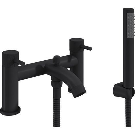 Round Deck Mounted Bath Shower Mixer Tap with Industrial Style Detailing - Black