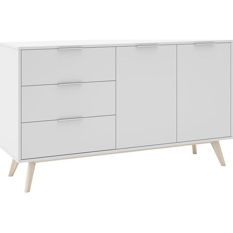 BLAJK - Buffet 140cm 2 Portes 3 Tiroirs Scandinave MDF et Pin Massif Naturel et Blanc (1/5)