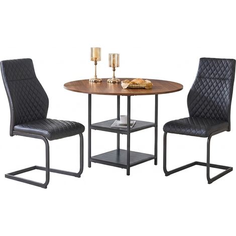 Ensemble table ronde 107 cm et 2 chaises, plateau effet noyer, double rangement, sièges noirs en PU, cadre métal industriel (1/5)