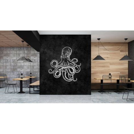 Papier peint panoramique idéal pour salle de bain | Tapisserie panoramique noire et blanche pour bar | Papier peint panoramique à motif poulpe - 270 x 400 cm (4 pièces) (1/5)