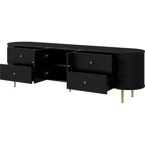 Meuble TV, meuble bas, structure ondulée tridimensionnelle, bords arrondis, corps en MDF, poignées en aluminium, pieds en fer, étagère fixe, passe-câbles, salon (1/5)