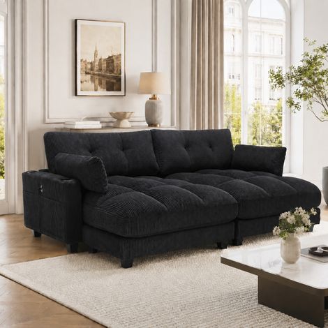 Schwarzes Cordsofa 2-Sitzer teilbar mit USB-Anschluss, Getränkehalter und Seitentaschen, Modulsofa aus Cordstoff für Wohnzimmer, 224x140x81 cm (1/5)