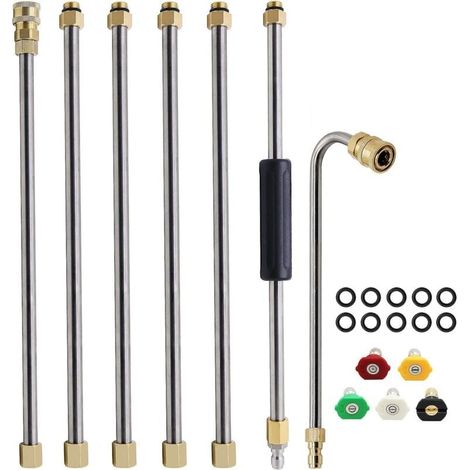 Lot de 7 Ensemble de baguette d\'extension pour nettoyeur haute pression, lance pour nettoyeur haute pression, outil de nettoyage de gouttière, avec 5 embouts de buse (Argent) (1/5)