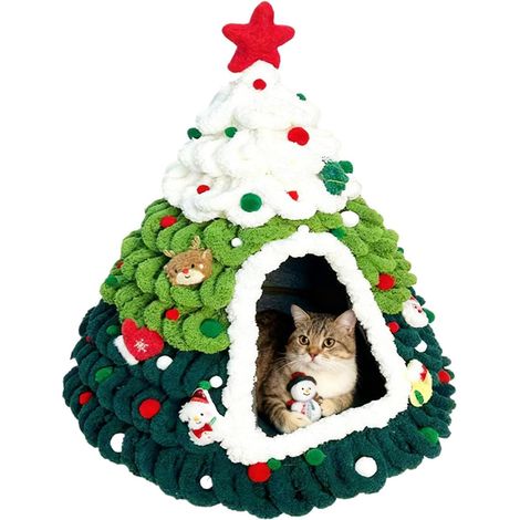 Panier De Noël pour Chat Nid Doux Tricoté Design Arbre