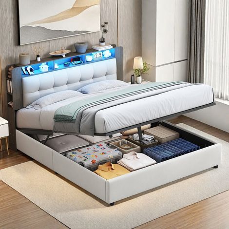 Lit coffre 140 x 200 cm avec bandeau LED–Lit double 140 x 200–Tête de lit rembourrée avec rangement–Recharge sans fil–Sommier à lattes–Velour Beige