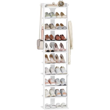 Étagère à Chaussures, Meuble à Chaussure à 10 Niveaux, Étagère de Rangement en Bois avec Crochets, Réglable, Peu Encombrante pour L'entrée, Couloir, Salon, 40B cm, Blanc (1/5)