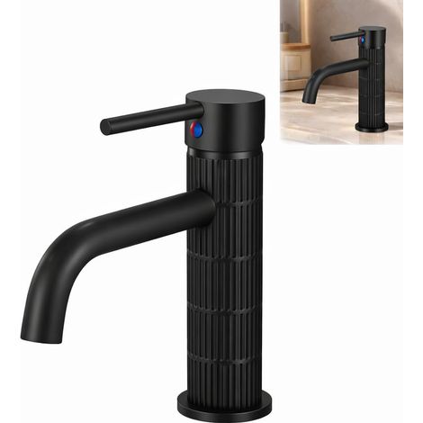 Robinet de lavabo en laiton massif, mitigeur pour salle de bain, finition brossée vintage, mélangeur pour lavabo sur plan de travail, cartouche en céramique (noir mat, standard) (1/5)