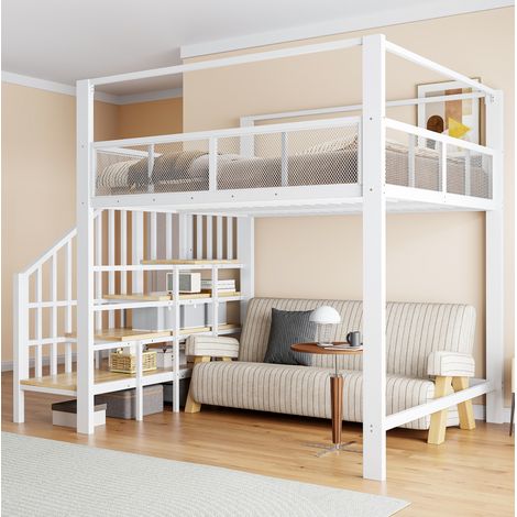 Cama alta 140x200 cm en metal blanco con escalera de almacenaje, espacio bajo la cama y dosel (1/5)
