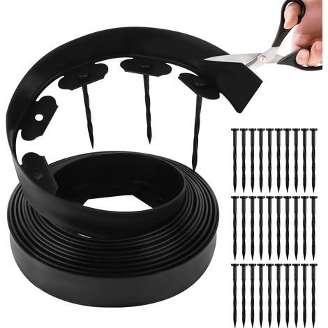 Bande de bordure de jardin en plastique de 10 mètres de long avec 30 poteaux d'ancrage, 50 mm de haut, 4 mm d'épaisseur, noire.