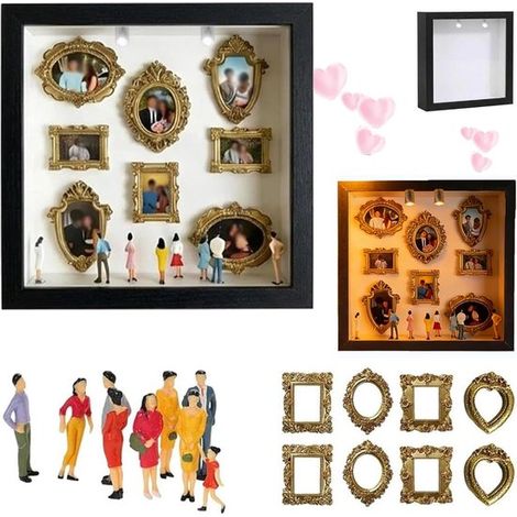 Cadre photo 3D à monter soi-même, noir avec LED - 25,5 x 25,5 cm - Cadre de table - Kit complet avec 8 figurines miniatures et 8 cadres dorés (1/5)