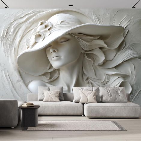 Papier Peint Relief 3D Panoramique 3D Femme Portant Un Chapeau Revêtement Murale décoration salon Chambre Coucher Maison Décoration Intérieure 350×256cm (1/5)