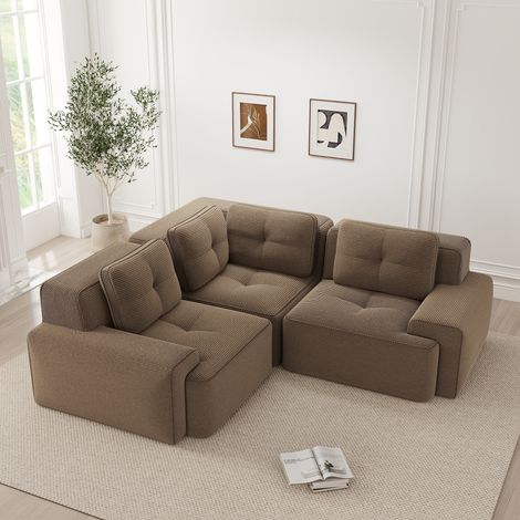 Canapé modulable marron en velours côtelé, assise profonde rembourrée, antidérapant, sans montage nécessaire, idéal pour salon ou bureau. (1/4)
