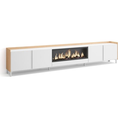 Skraut Home - Meuble TV, Banc Télé, Grand espace de Rangement, 315x35x61cm, Pour les TV jusqu'à 80", Cheminée électrique XXL, Design industriel, Style moderne, Blanc et Chêne Soft (1/5)