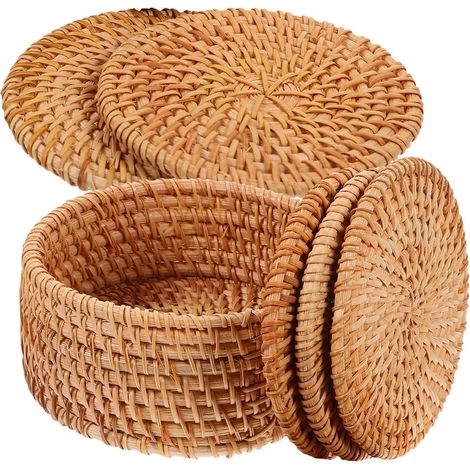 Sets de table de style américain rustique, accessoires de table basse, sous-verres en rotin tressé pour le thé et le café. (1/5)