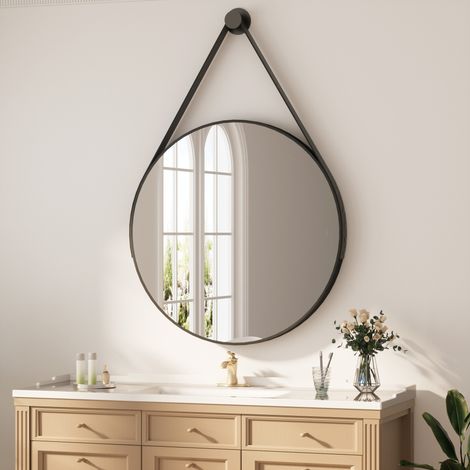 Heilmetz – Miroir mural noir 80cm – Bandoulière en cuir synthétique réglable 1,7m – Cadre en fer anti-oxydation – Surface miroitante sans distorsion (1/5)