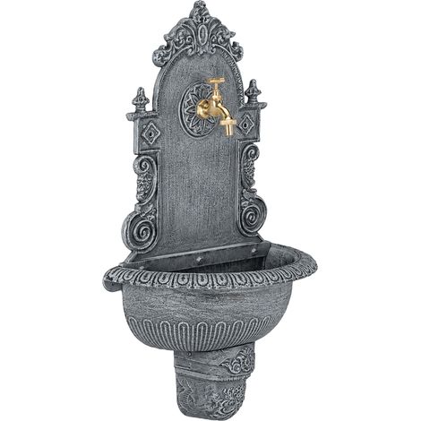 Relaxdays XL Wandbrunnen antik, mit Wasserhahn, nostalgisch, Waschbecken Garten, Aluguss, HBT 75 x 44 x 22 cm, grau (1/5)