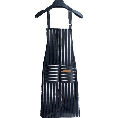Tablier de cuisine 2 pièces avec 2 poches, bavette ajustable, pour homme et femme, rayures noires (1/5)