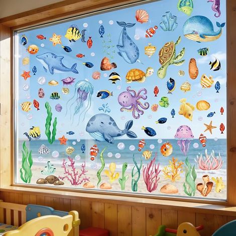Adesivi da Parete Oceano, Adesivi per Finestre Pesce Tartaruga Marina Stella Marina Alga, Decorazione Bagno Frigorifero Casa Camera dei Bambini, 9 Fogli (1/5)