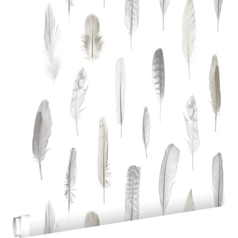 papier peint plumes beige crème clair  - ESTAhome