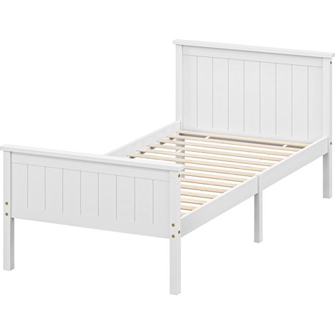 Cadre de lit 90 x 200 cm, lit simple en bois massif avec sommier à lattes tête et pied inclus, assemblage facile, blanc (1/5)