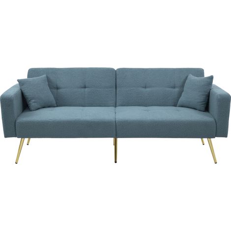 Schlafsofa mit Bettfunktion, verstellbarem Winkel, goldenen Beinen, mit Kissen und seitlichen Aufbewahrungstaschen