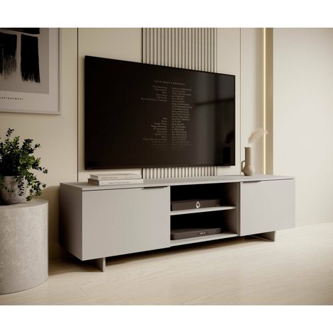 Mueble de TV Buono, aparador de salón con dos puertas batientes y dos compartimentos abiertos, elevado del suelo, 180x42 h55 cm, beige (1/4)