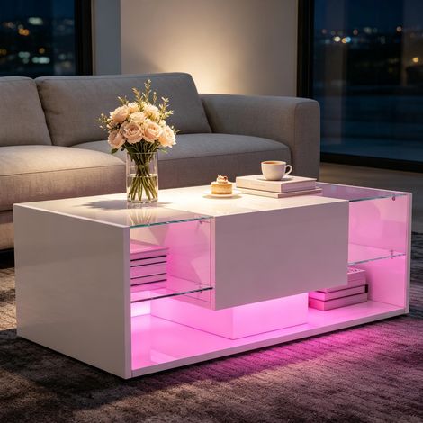 Table basse – verre laqué blanc – rangement LED – APP/télécommande – Plateau en verre trempé – Design moderne (1/5)