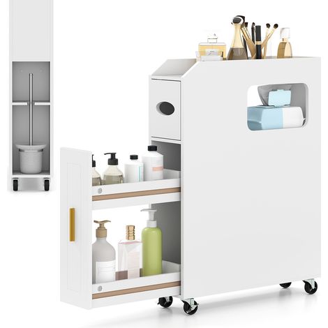 Costway – Meuble bas de salle de bain sur roulettes – Tiroir coulissant – Porte-balayette intégré – Dimensions 16x50x69 cm – MDF blanc (1/5)