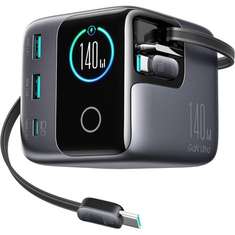 Chargeur de bureau 5 ports avec 2 câbles rétractables GaN 140 W - Gris