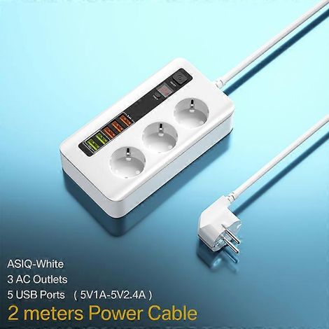 Multiprise intelligente 2500W avec rallonge dotée d'un interrupteur, d'une protection contre les surcharges, adaptée à une utilisation au bureau et à la maison, 3 prises de courant alternatif et 5 por (1/4)