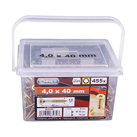 Connex B30192 Vis universelles a tete fraisee avec empreinte etoile TX pour panneaux de particules 4,0 x 40 mm 455 pieces Jaune