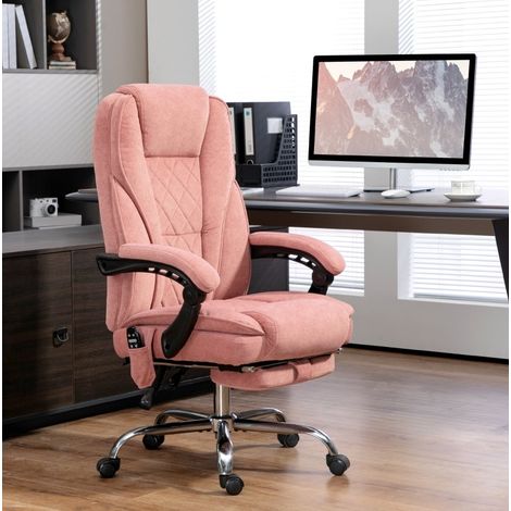 Sedia da ufficio massaggiante in poliestere rosa con calore, reclinazione 135°, poggiapiedi e rotazione 360°, 67x72x111-119 cm (1/5)