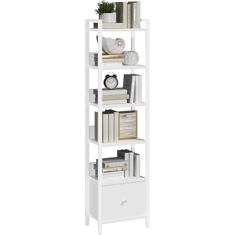 Bibliothèque, Étagère de Rangement à 6 Niveaux, avec Tiroir Amovible, Étagère à Livres sur Pieds pour Petits Espaces, Meuble de Rangement, pour Salon, Chambre, Bureau, Blanc (1/5)