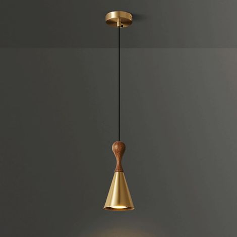 Mini suspension en noyer avec abat-jour en laiton, lampe suspendue d'éclairage décoratif de chevet, douille E27 (1/5)
