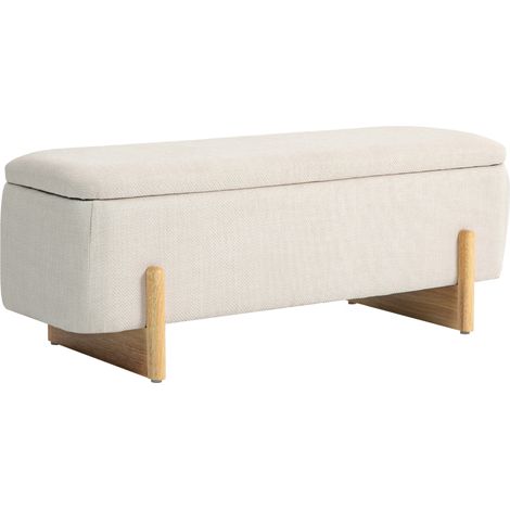 Banco baúl con almacenaje, tapizado efecto lino y patas de madera, beige, 111 cm (1/5)