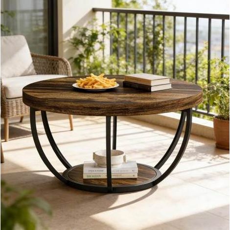 Beistelltisch 2 Ebenen 50x50x55 cm Rustikal Holzwerkstoff und Metall mit rundem Design (1/5)
