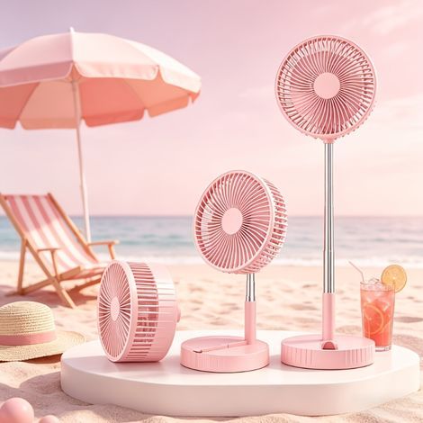Ventilateur de sol et table télescopique, 3600mAh, télécommande, ventilateur rechargeable 4 vitesses-Rose (1/5)